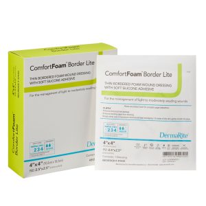 ComfortFoam Border Lite Silicone Adhesive with Border Thin Silicone Foam Dressing, 4 x 4 Inch